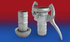 NORRES CONNECT KARDAN 254 – galvaniseret stål-kobling med NBR-tætning, vist som hun- og han-del til store industrislanger.