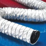 NORRES CP PTFE/GLASS-INOX 471 EC – elektrisk ledende slangetype med dobbelte lag og INOX spiral, vises i blankt sølv og sort indvendigt.