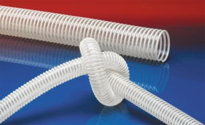 NORRES NORPLAST® PUR 385 AIRFLEX AS i transparent udførelse – viser slangens fleksibilitet og bøjningsradius.