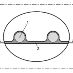 Tværsnit af NORRES NORPLAST® PUR 385 AIRFLEX AS – 1) hård PVC-spiral integreret i væggen 2) væg af antistatisk ester-polyurethan (Pre-PUR®).