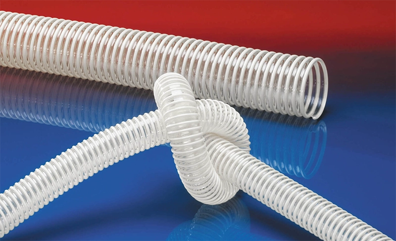 NORRES NORPLAST® PUR 385 AIRFLEX AS i transparent udførelse – viser slangens fleksibilitet og bøjningsradius.