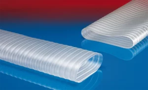 Transparent, glat PUR-slange i flad form til vibrationsanlæg.