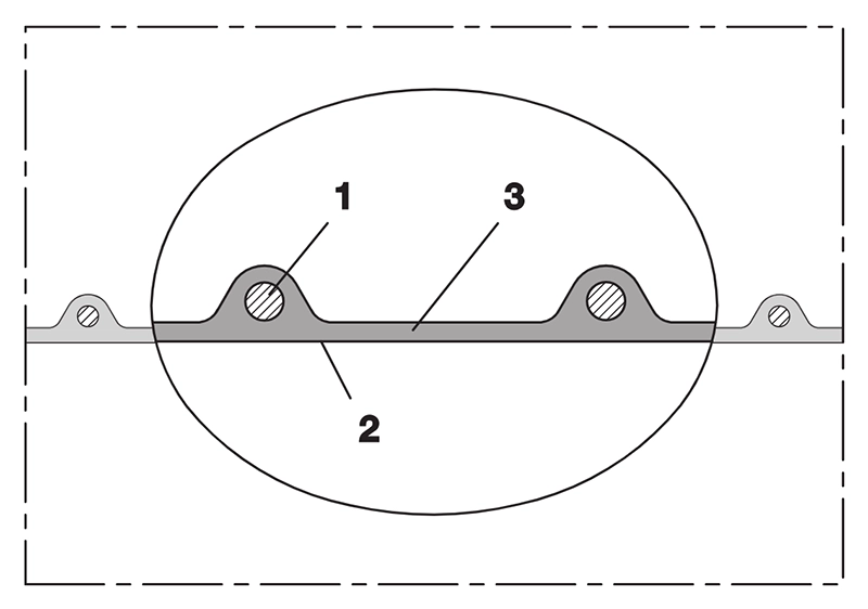 Tværsnit af NORRES TIMBERDUC® PUR 533 AS (MD) – 1) fjederstålspiral fast indlejret i væggen 2) antistatisk PUR-væg (Pre-PUR®) 3) AIRDUC®-profil med glat inderside.