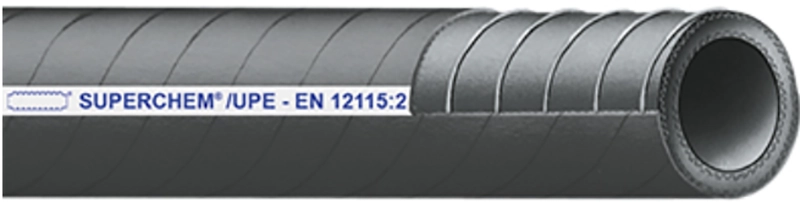 SUPERCHEM®/UPE/EN kemikalieslange med elektrisk ledende UPE-inderslange og stålarmering, opfylder EN 12115:2011.