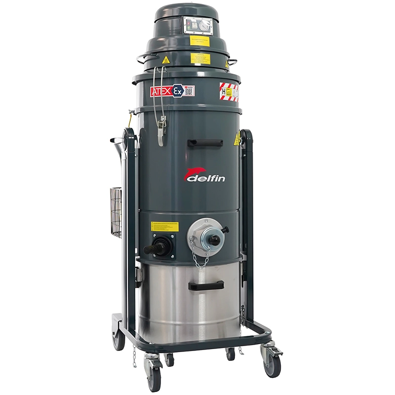 Delfin MTL 451 INERT 1/2D – ATEX Zone 21 støvsuger med inert olie-væskebad og H14-filter til reaktivt og eksplosivt støv på skydebaner.
