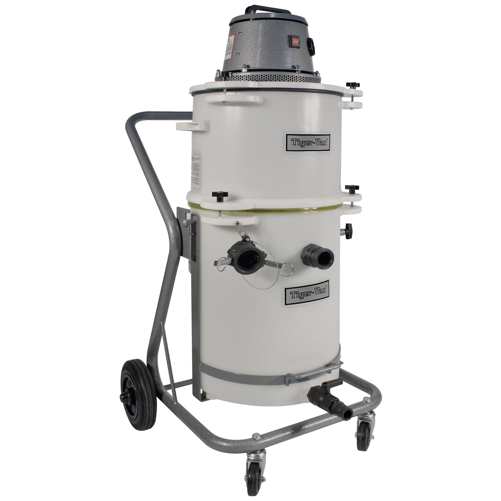 Tiger-Vac 2D-ARU-15 (TC) MRAC – kemikalieresistent væskesuger til syrer og ætsende væsker med rustfri vippevogn og 47 L polyethylenbeholder.