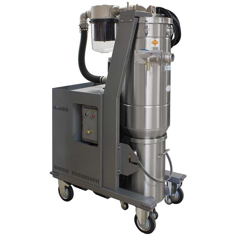 Tiger-Vac CD-10/7 EX (MRP-Extended) 2GD industristøvsuger i rustfrit stål med EX-db motorkabinet og modpurge filterrensning.