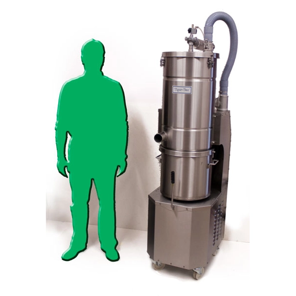 Tiger-Vac CD-2600 EX (MFS) ved siden af person-silhuet – kompakt lodret design til trange områder.