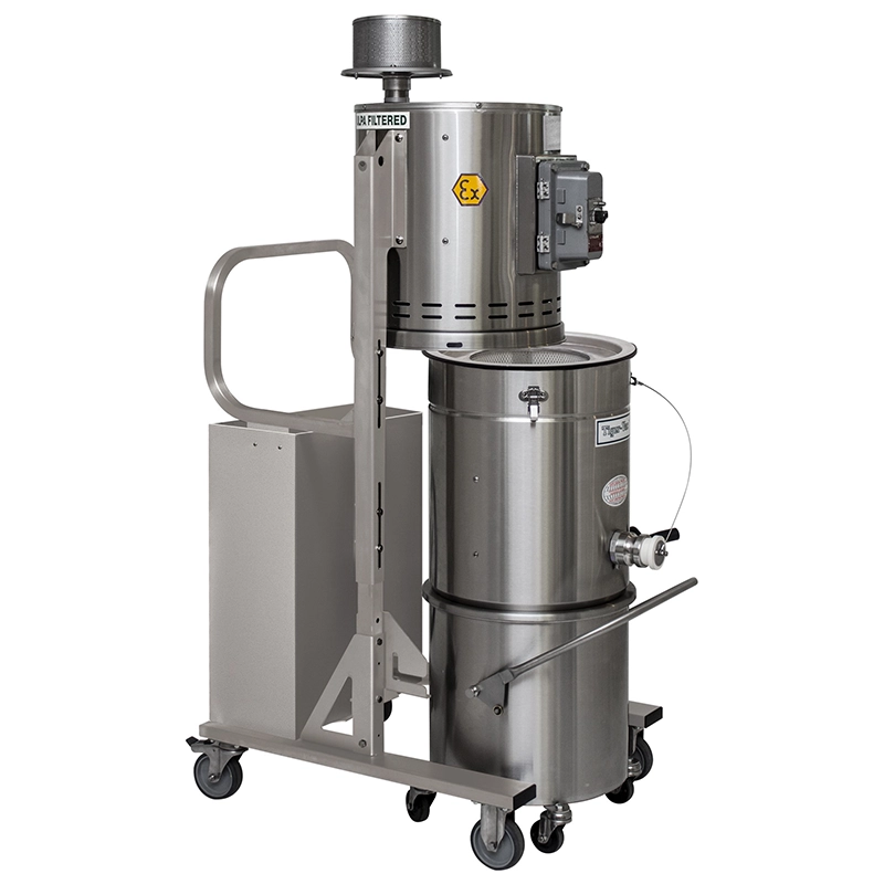 – Tiger-Vac CD/EUR-36L EX DT (MFS) HEPA 1/2GD industristøvsuger med afmonteret opsamlingstank og filterkammer, vist på rustfri vogn.