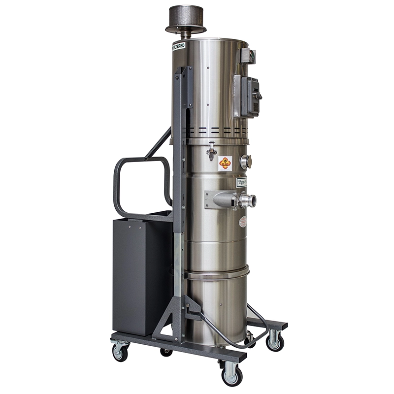 Tiger-Vac CD/EUR-36L EX DT (MRP) HEPA – komplet ATEX 2GD industristøvsuger med vertikal opbygning, rustfri 36 L tank og integreret HEPA-filter på mobilt stativ.