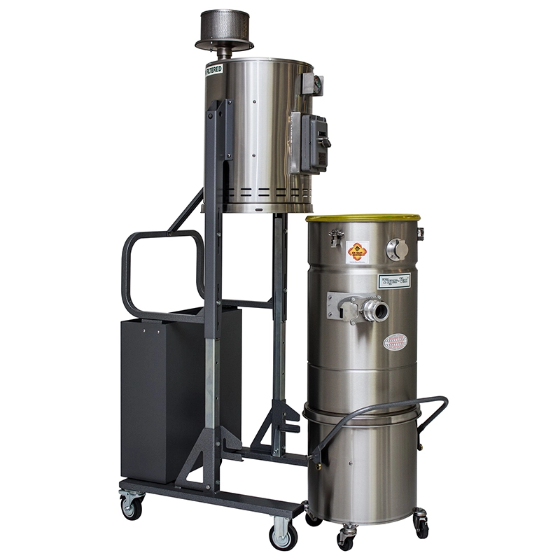 Tiger-Vac CD/EUR-36L EX DT (MRP) HEPA – ATEX 2GD industristøvsuger i rustfrit stål med separat 36 L opsamlingstank på hjul ved siden af enheden.