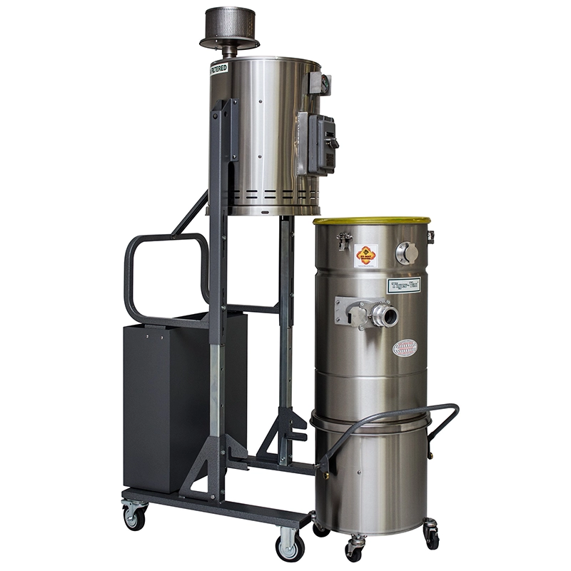 Tiger-Vac CD/EUR-36L EX DT (MRP) ULPA WITH SS CART 1/2GD med afmonteret opsamlingstank og filterkammer, der viser MRP-filterpatronen og den rustfri vogn.