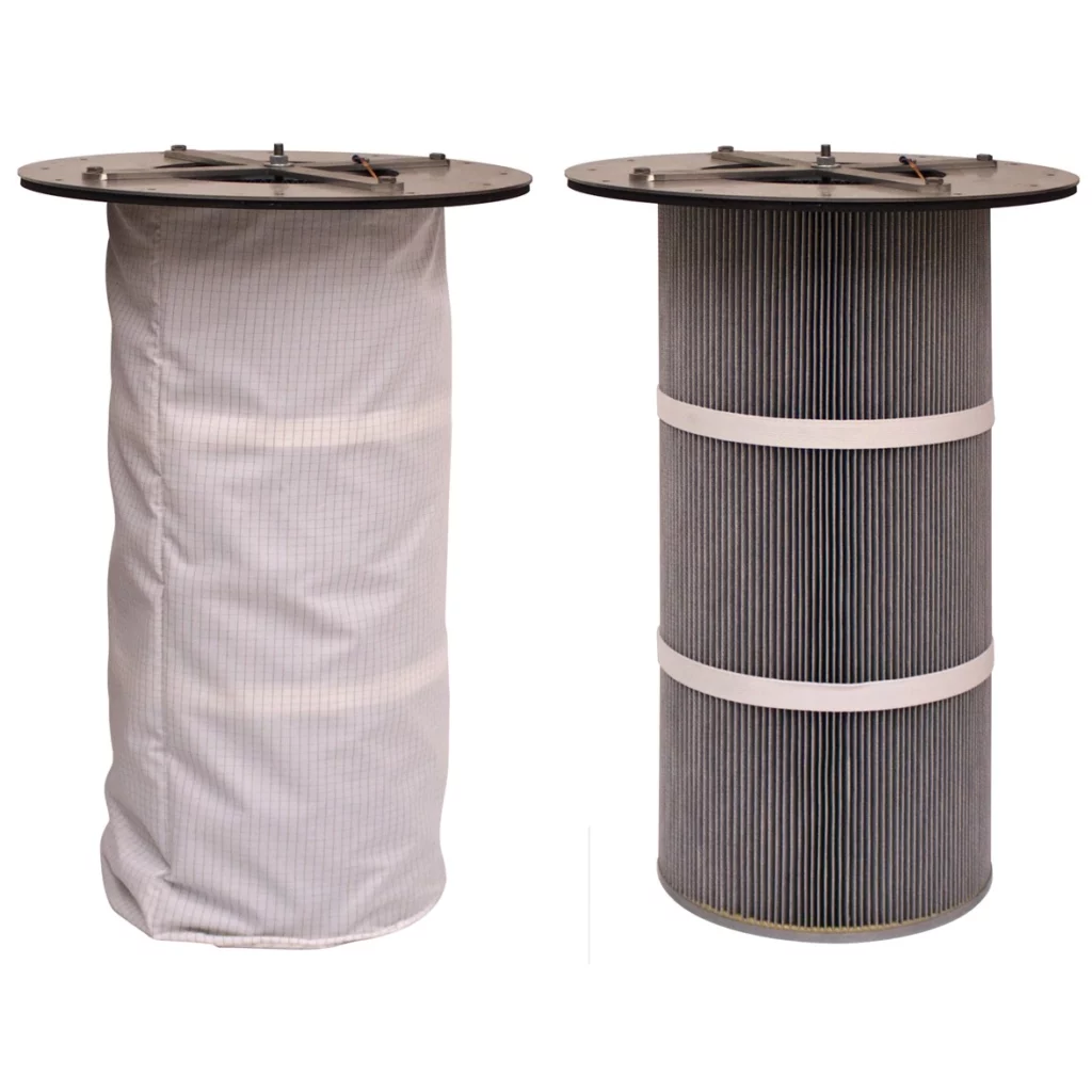 Antistatisk Reverse Purge filterpatron i aluminiseret spunbond-materiale til CD-10/7 EX – vist med og uden EX-skjørt.