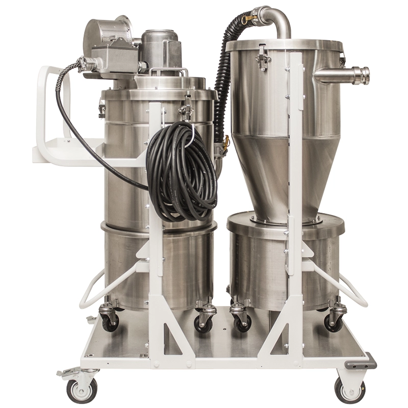 Sidebillede af Tiger-Vac EXP1-20 PRS-system med cyklon, HEPA-enhed og ESD-sikre komponenter.