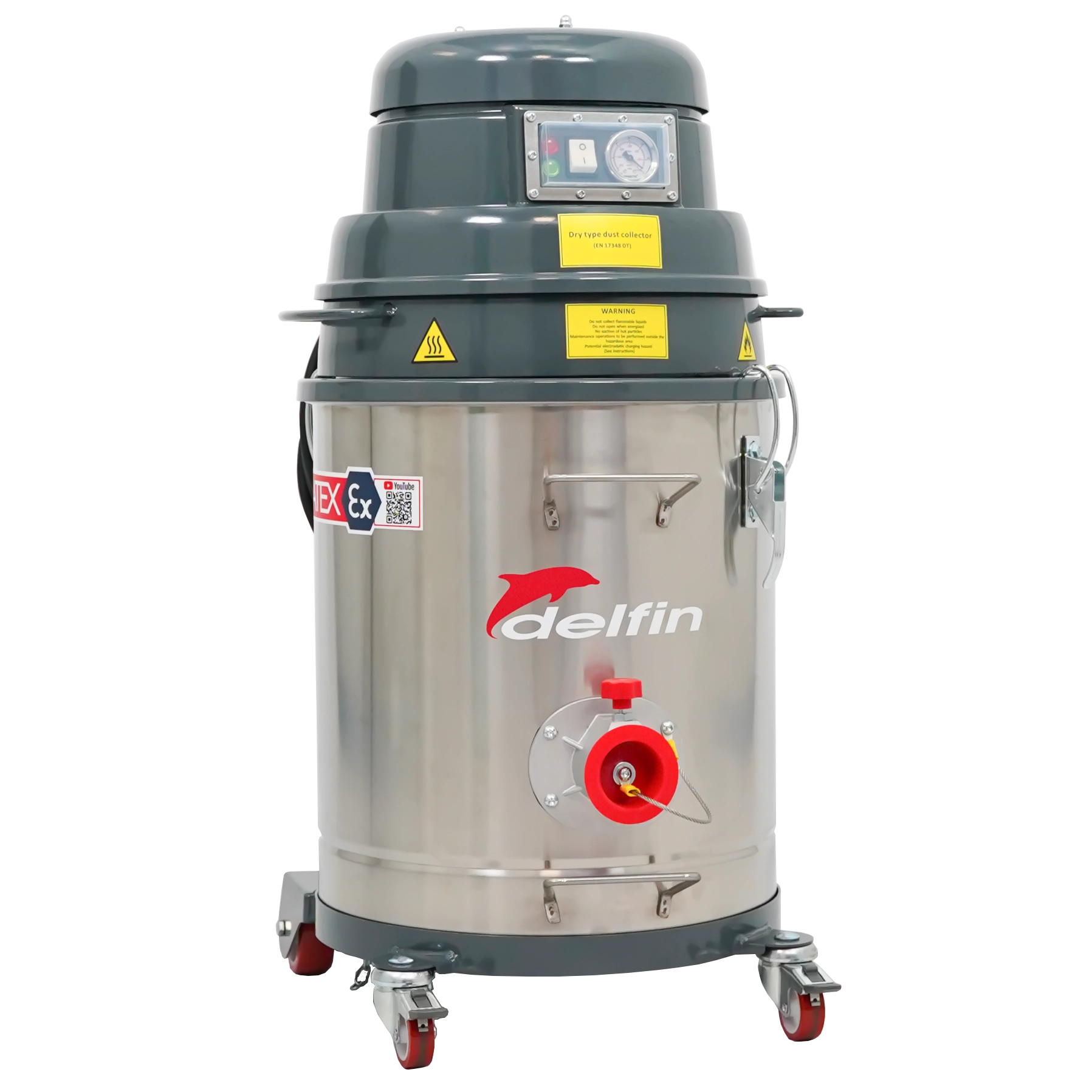 Delfin MTL 301 1/2D – ATEX-certificeret støvsuger til Zone 20/21 med H14-filter, 40 L AISI 304 beholder og antistatisk konstruktion.