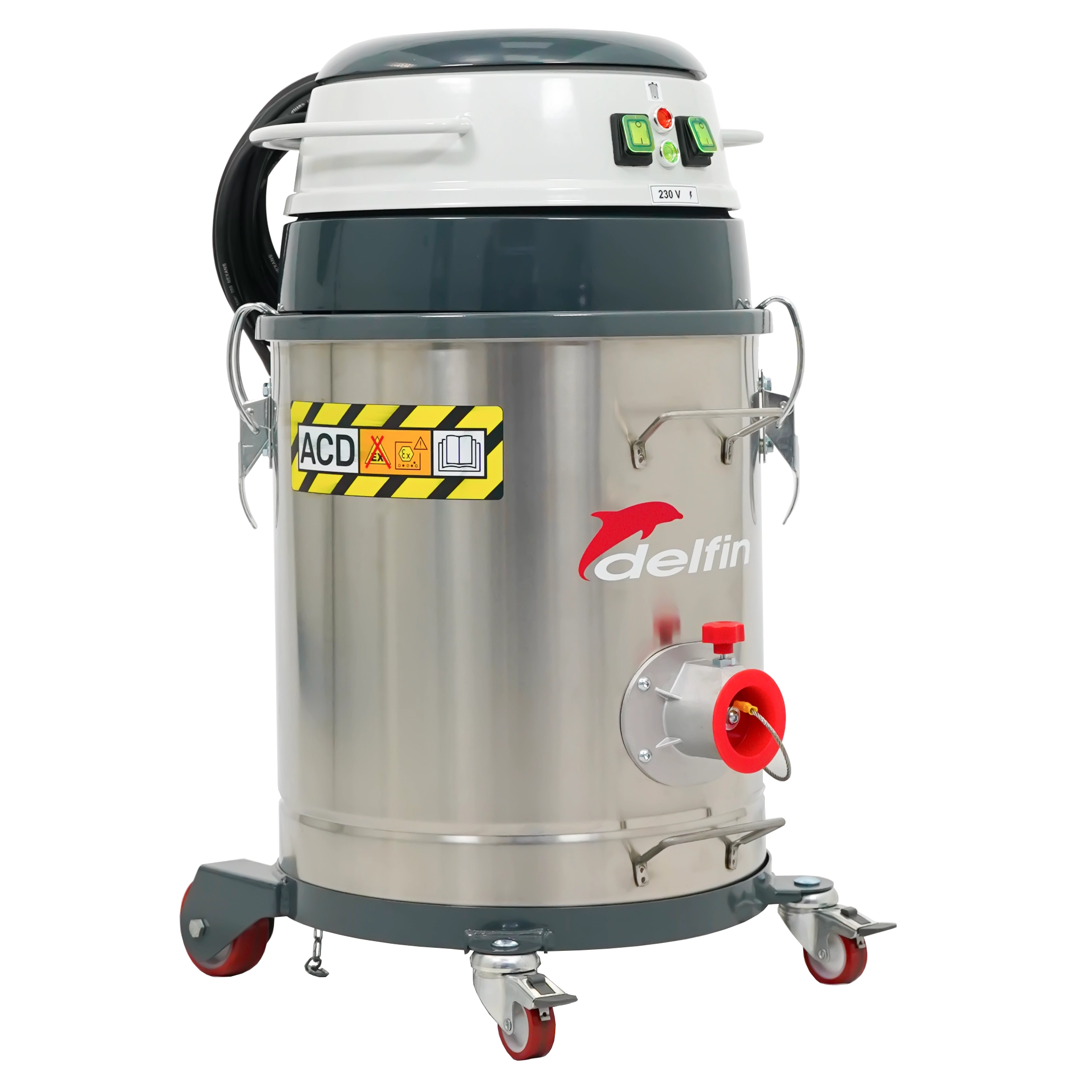 Delfin MTL 302 ACD – ACD-klassificeret støvsuger i rustfrit stål med H14-filter, 40 L beholder og Ø50 mm indløb.