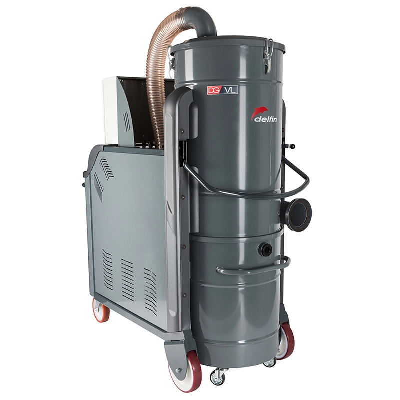 Delfin DG VL ACD – trefaset industristøvsuger til brændbart støv med automatisk SELF CLEAN-filterrensning og H14-HEPA-filtrering.