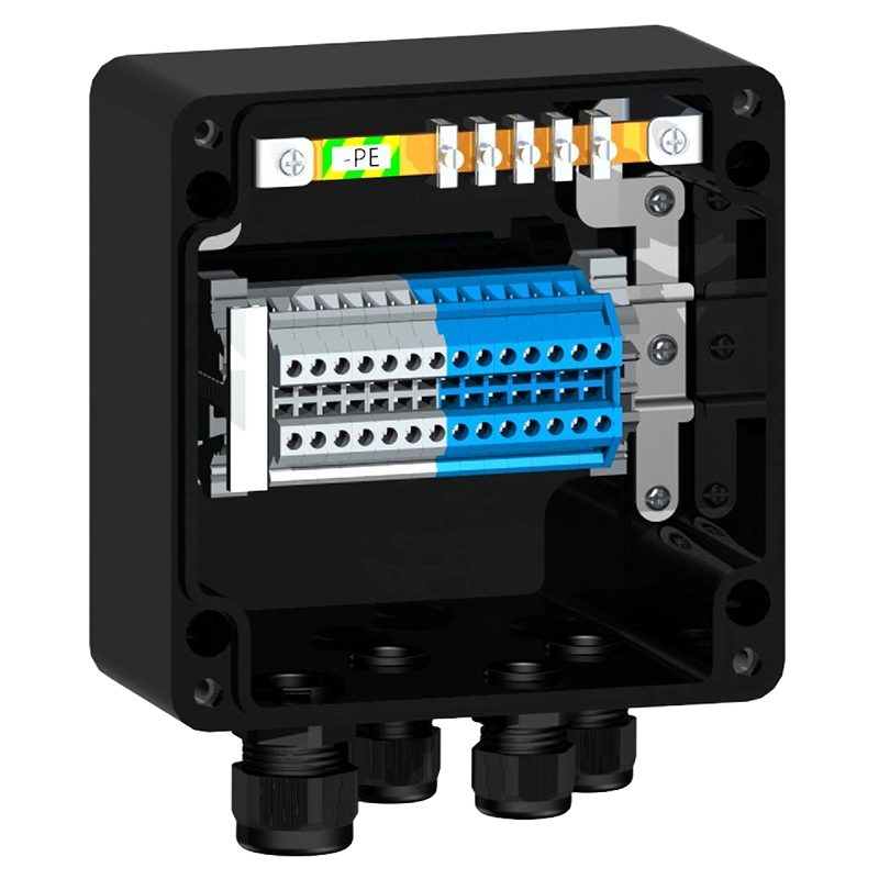 HARDO HTB1P eksplosionssikker GRP klemkasse med DIN-skinne, set skråt