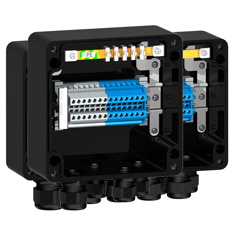 HARDO HTB1P eksplosionssikker GRP klemkasse med DIN-skinne og klemrækker, åbnet