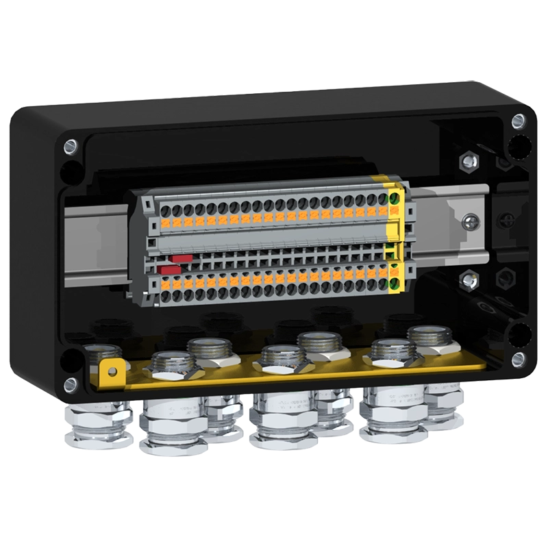 HARDO HTB1P eksplosionssikker GRP klemkasse med DIN-skinne, set fra siden