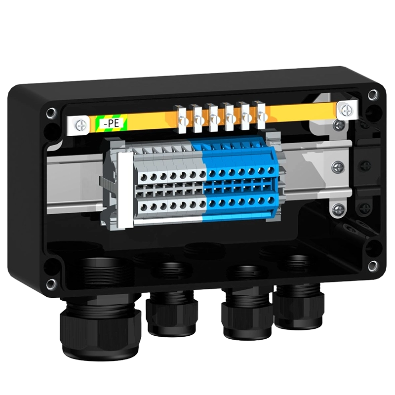 HARDO HTB1P eksplosionssikker GRP klemkasse med DIN-skinne, set forfra