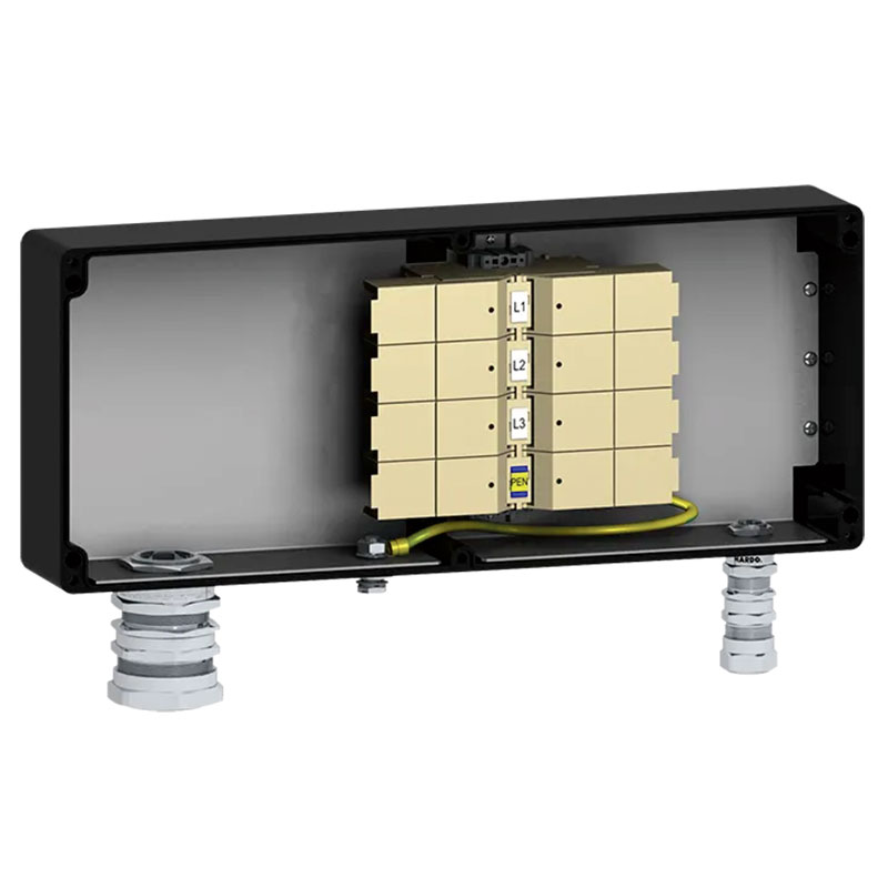 HARDO HTB1P eksplosionssikker GRP klemkasse med metalkabelforskruninger, vertikal DIN-skinne, monteringsplade og jordingsskrue