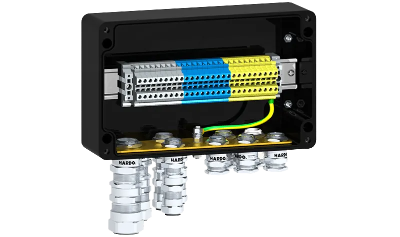 HARDO HTB1P configuration example 5 metal cable glands earthed via brass plate