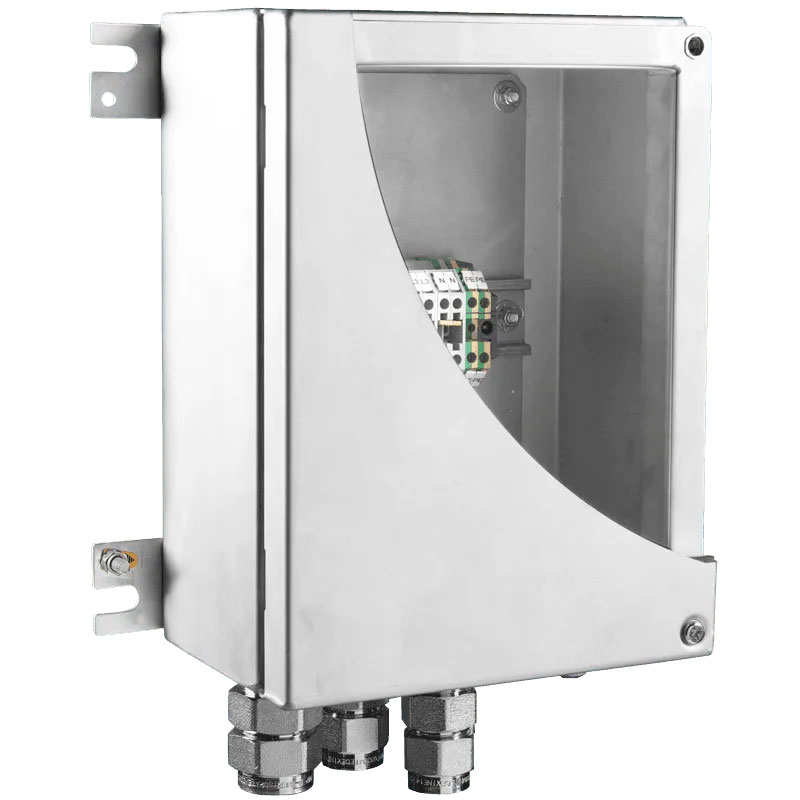 HARDO HTB1S rustfrit stål klemkasse åben med klemrækker til eksplosive atmosfærer ATEX IECEx